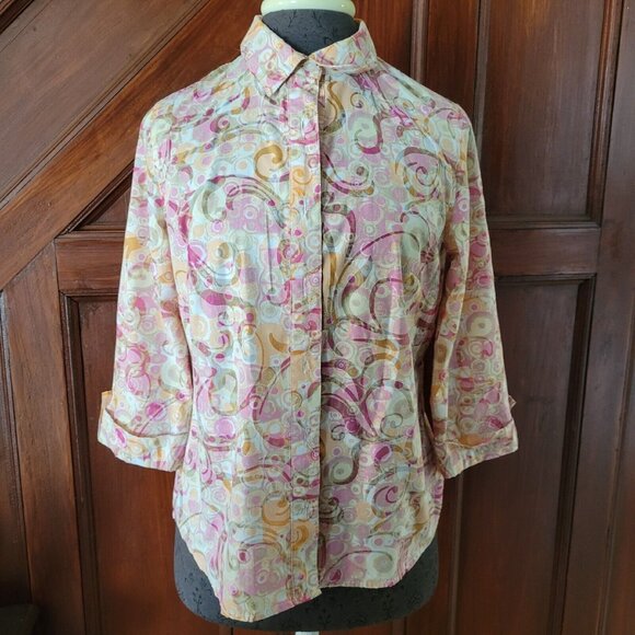 breckenridge Tops - Breckenridge Womens P M Pink Orange Paisley Button Up Blouse 3/4 Sleeve